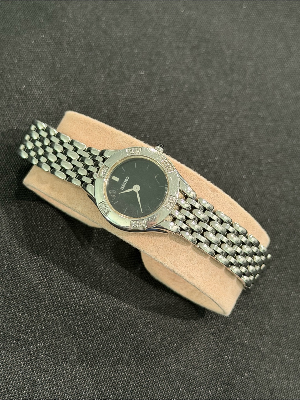 Seiko Silver Bracelet Watch With Black Dial And Crystal Accents